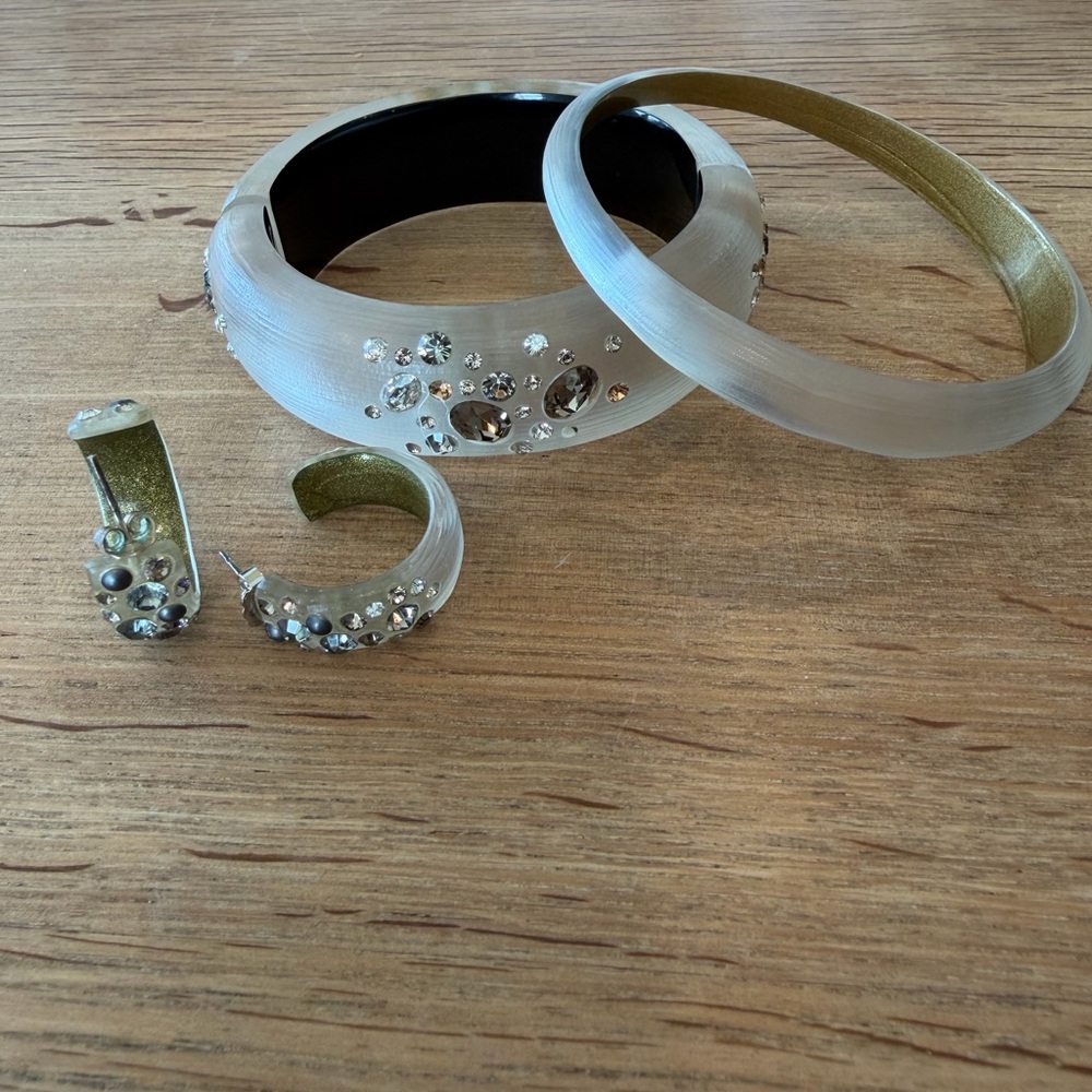 Alexis Bittar frost crystal & lucite hinge and tapered bangle and earring set